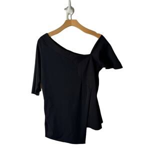 PLANET Lauren G Small Black Mixed Media Asymmetric Off-Shoulder Short Sleeve Top